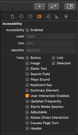Interface Builder menu to configure Accessibility properties such as: label, hint, identifier and traits..