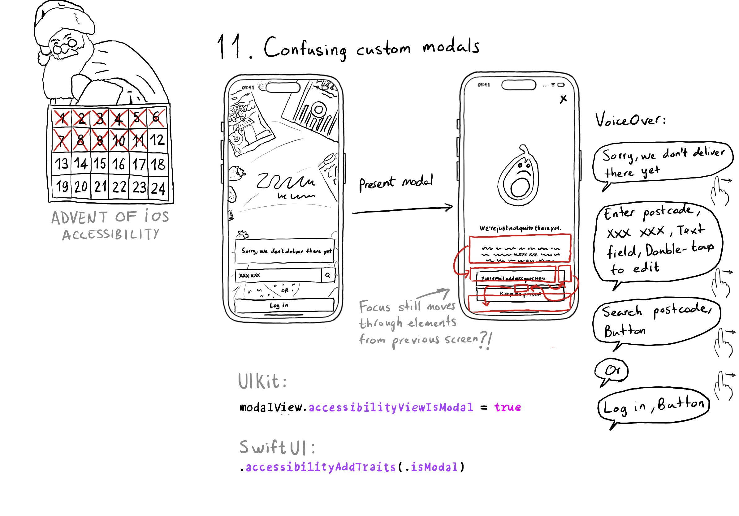 Calendar of Advent of iOS Accessibility. Day 11. Confusing custom modals. There is a groceries app. It has some text that says “Sorry, we don’t deliver there yet” a search field, a search button, a text that says “or” and a login button. When presenting a modal view on top of it, VoiceOver still focuses through the elements of the previous screen. To avoid that with UIKit, you can set accessibilityViewIsModal to true for the modal view. With SwiftUI there is an accessibility trait for that, .isModal.