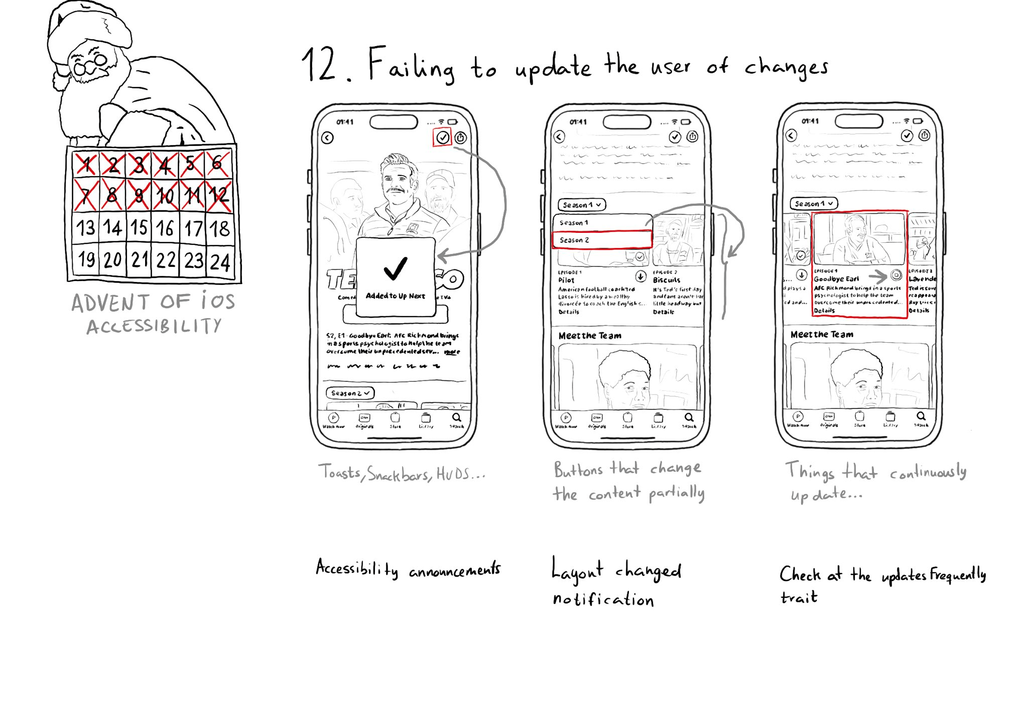 Calendar of Advent of iOS Accessibility. Day 12. Failing to update the user of changes. Three examples over the Apple TV app on the Ted Lasso page. The first one has a hud saying “Episode added to Up Next”. Toasts, snackbars and huds can be conveyed to VoiceOver usersa using accessibility announcements. The second one is a drop down to select the season which changes the episodes visible in the carrousel underneath it. A layout changed notification can help with changing content in the screen. The third one shows an episode with a download indicator. The updates frequently trait could help with that.