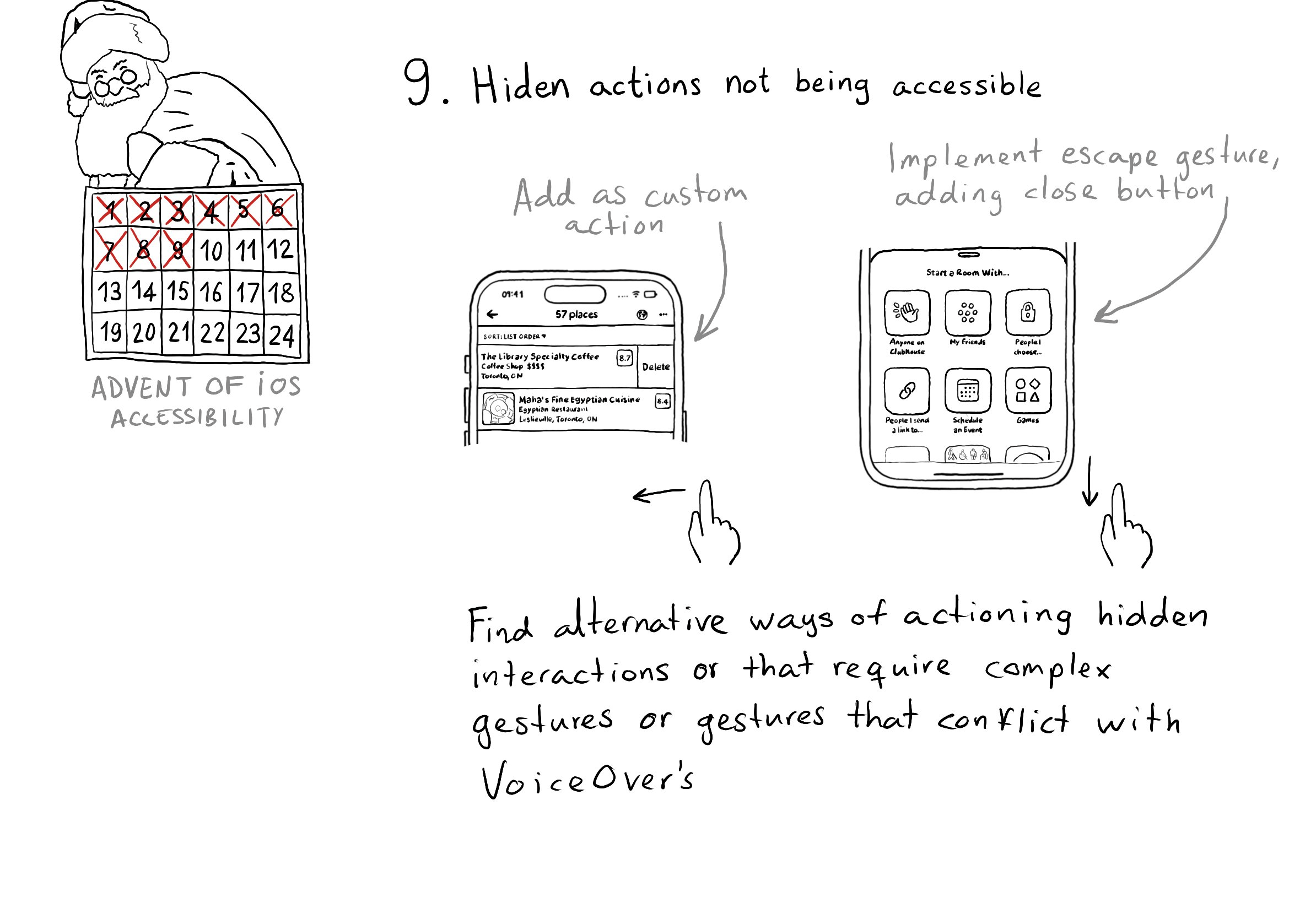 Calendar of Advent of iOS Accessibility. Day 9. Hidden actions not being accessible. Find alternative ways of actioning hidden interactions or that require complex gestures or gestures that conflict with VoiceOver’s. Two examples. The first one is swiping left in a table view cell to unveil a delete option. That could be fixed by adding delete as a custom action. Second example is a bottom sheet menu with a grid of options. You need to swipe down to dismiss it. You’d probably need to implement the escape gesture for VoiceOver and it would be a good idea to add a close button anyway.