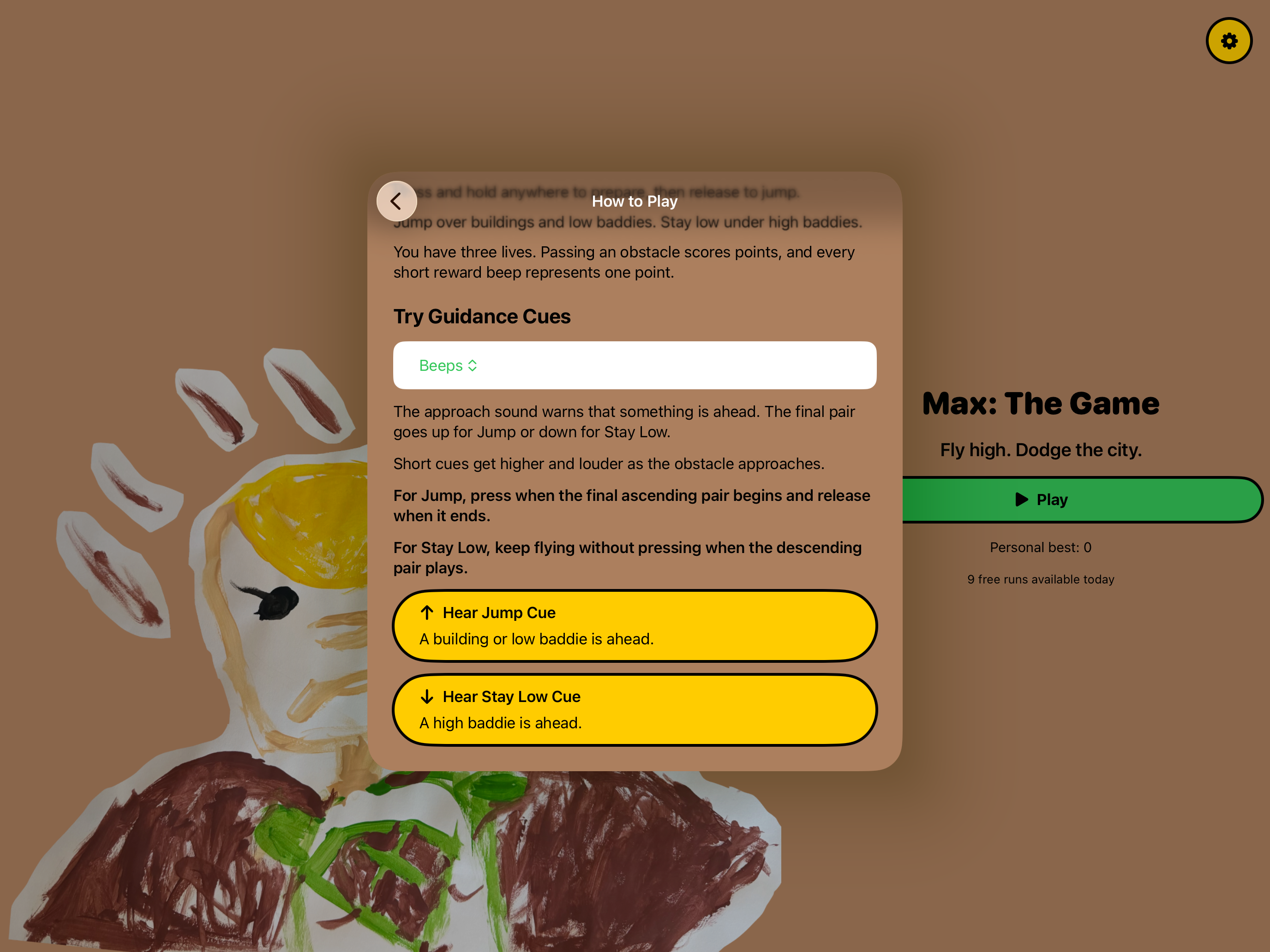 The Max! How to Play screen on iPad explaining Beeps guidance, with full-width preview buttons for the Jump and Stay Low cues.