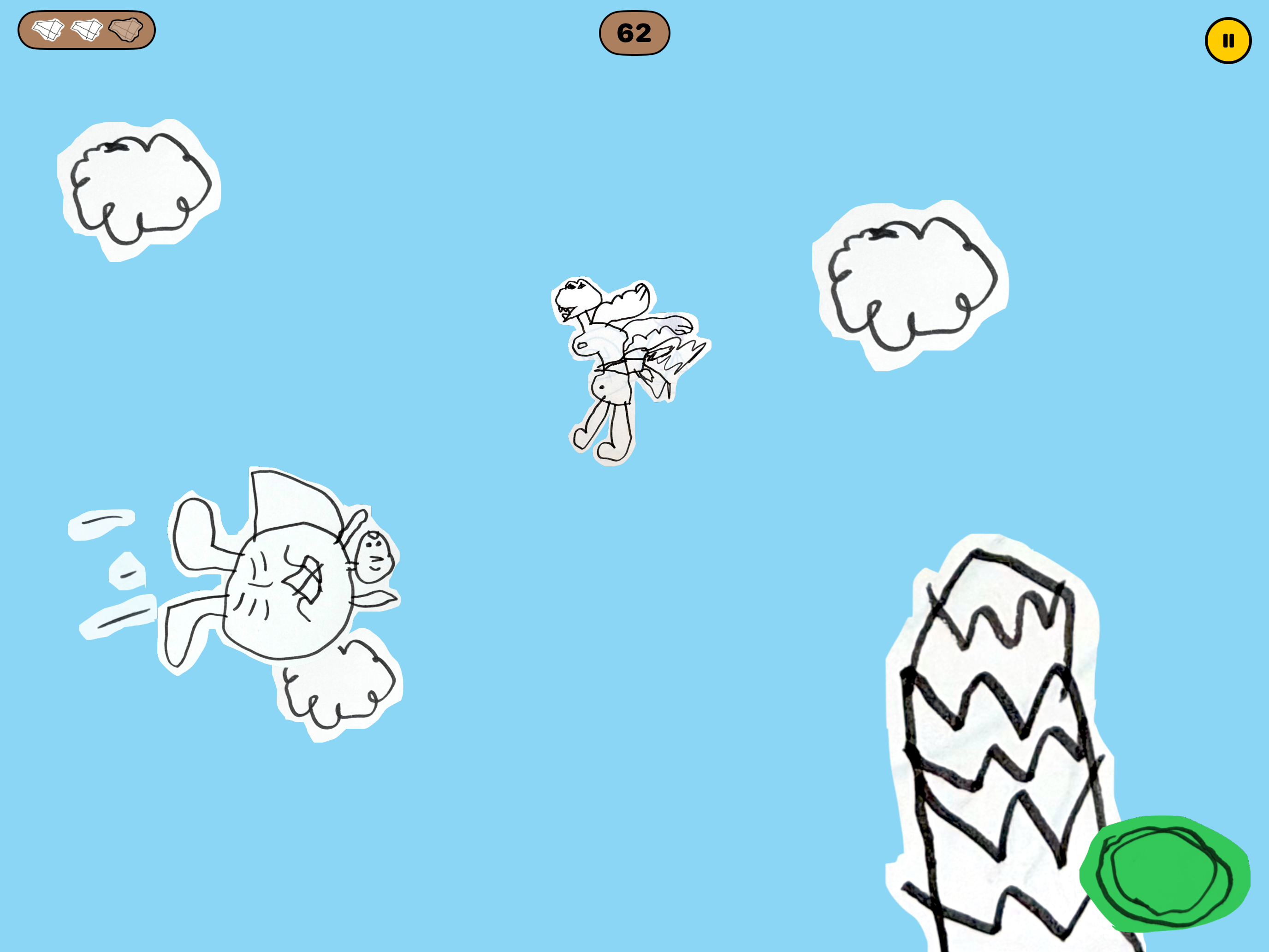 Max flying with clouds and speed lines behind him towards a high baddie and a hand-drawn building, with a score of 62 and two lives remaining.