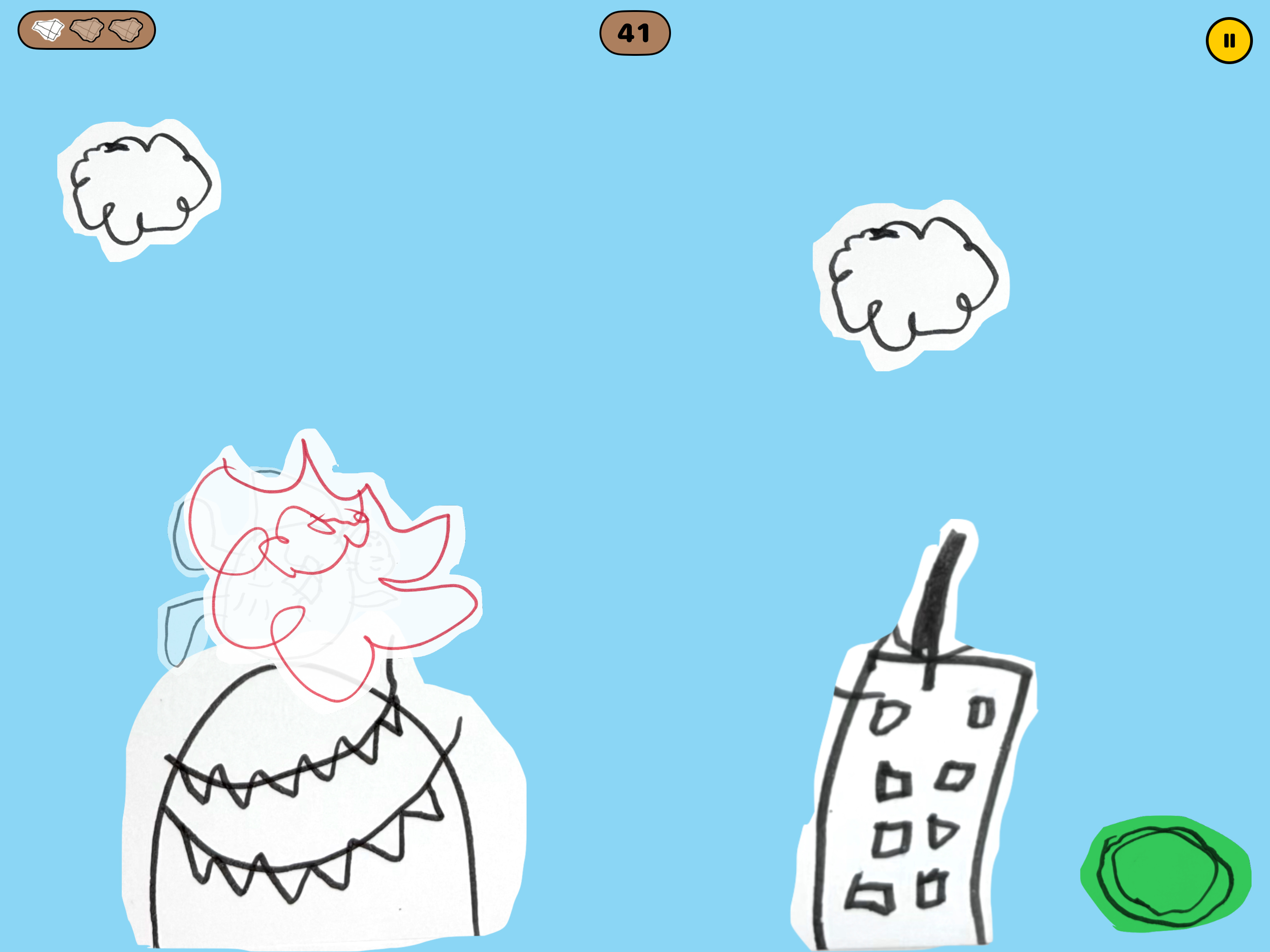 Max crashing into a hand-drawn building beneath two clouds, with the collision burst visible, a score of 41, and one life remaining.