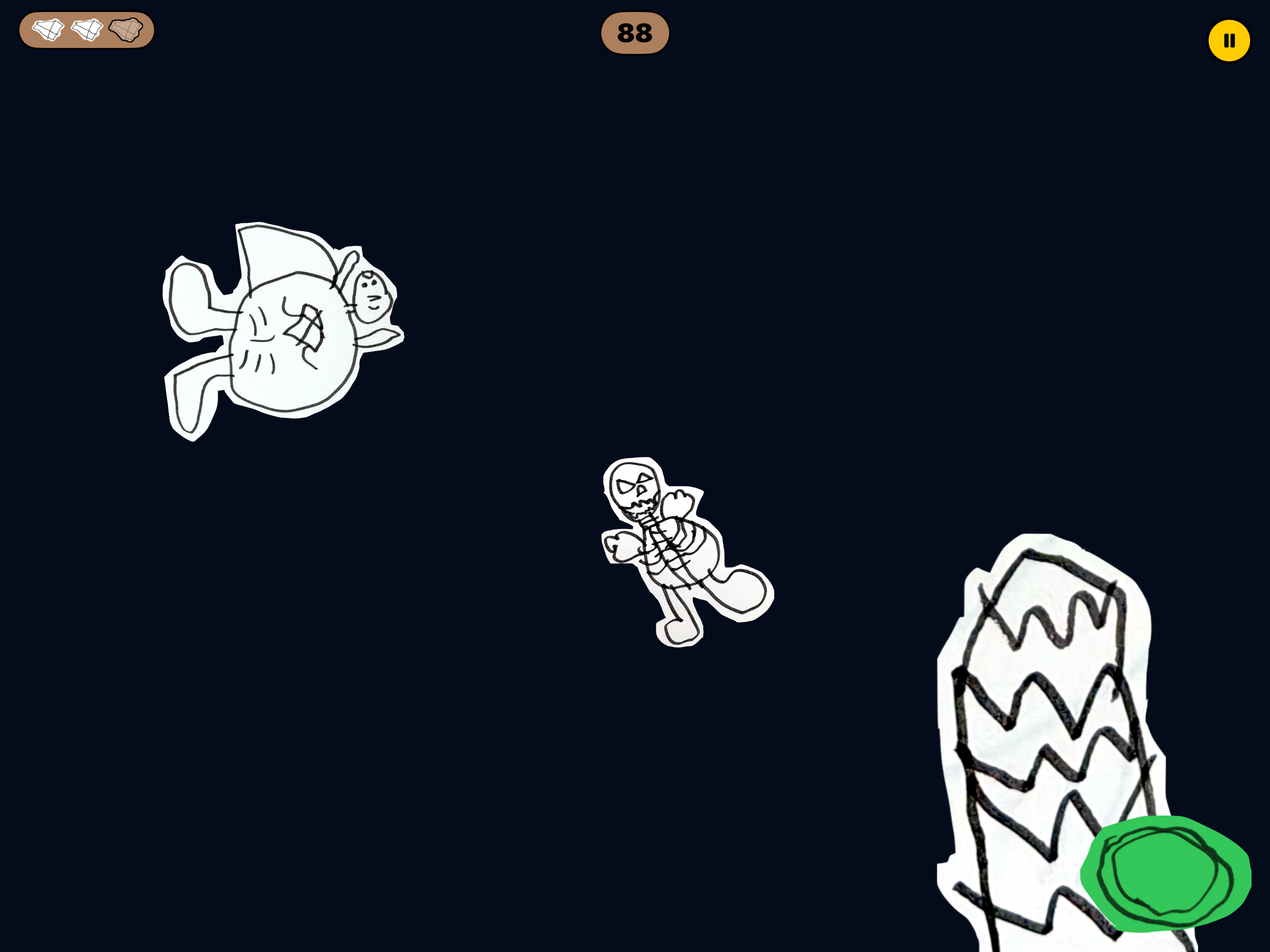 Max jumping through the dark game sky with clouds and speed-line trails hidden, towards a low-flying baddie and a tall building, with a score of 88 and two lives remaining.