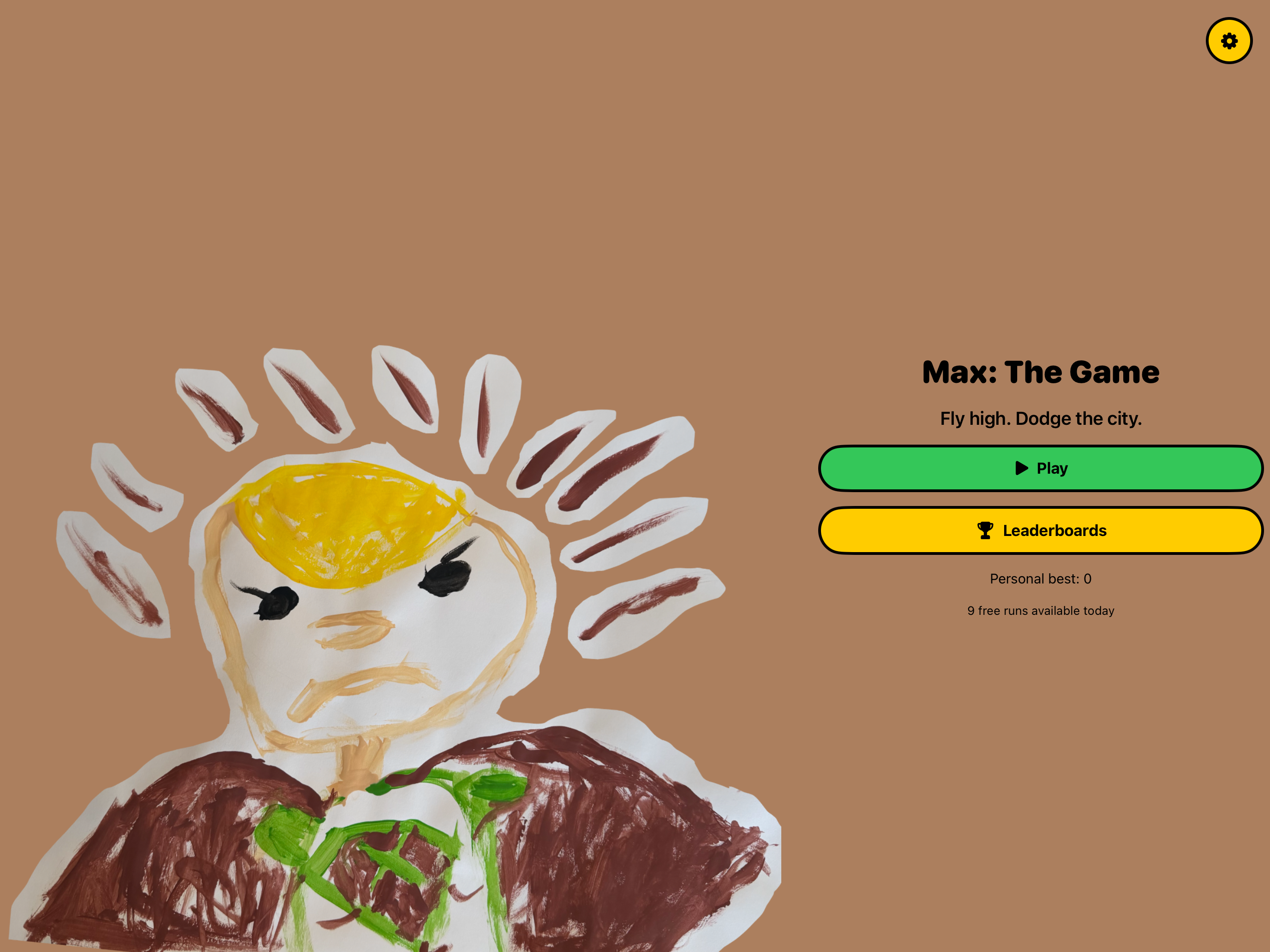 The Max: The Game main menu on iPad, with the hand-painted superhero filling the left side and the Play button on the right.