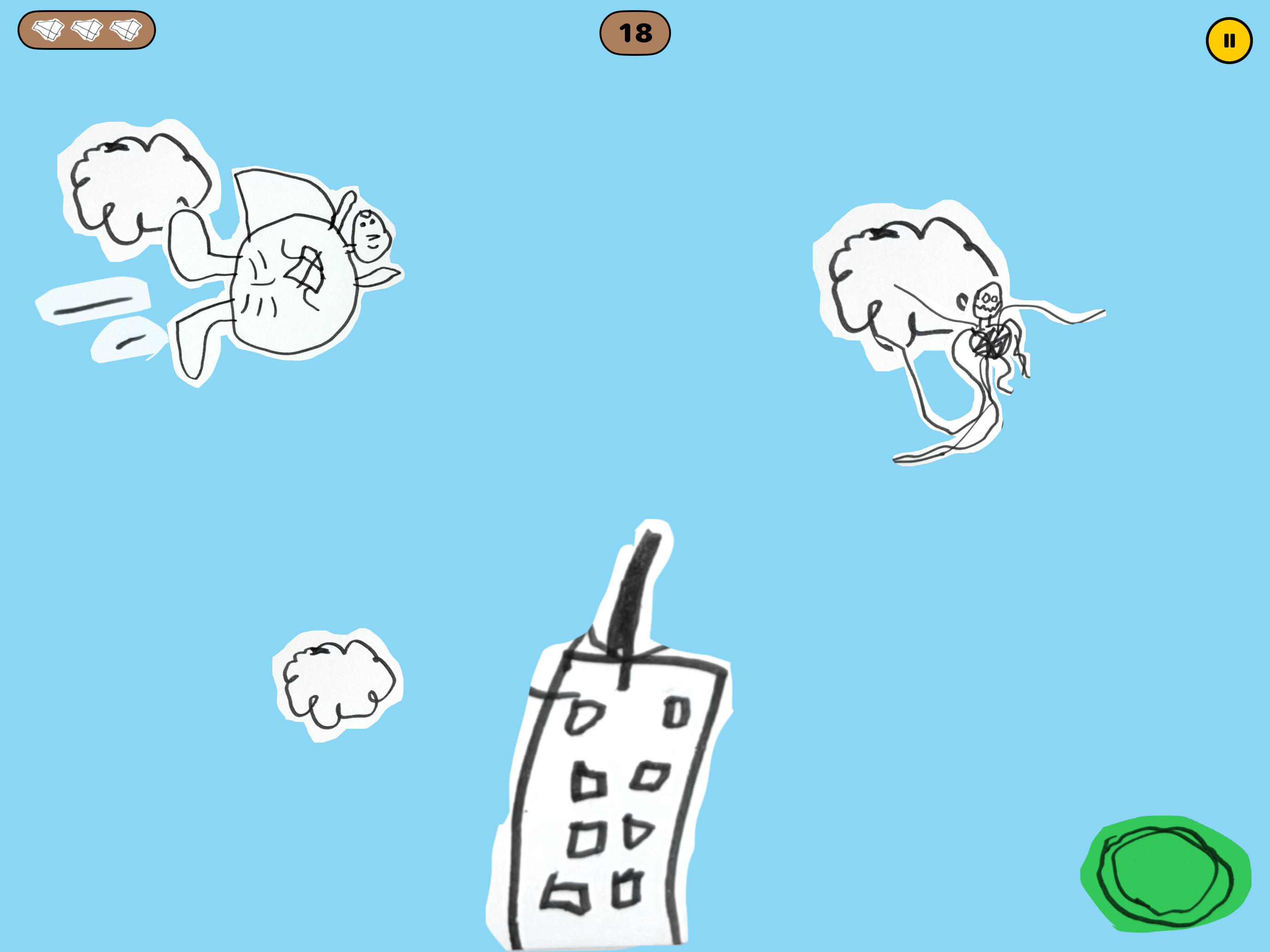 Max mid-jump above a hand-drawn building with clouds in the sky, two speed lines trailing behind him, a high-flying baddie ahead, a score of 18, and all three lives remaining.