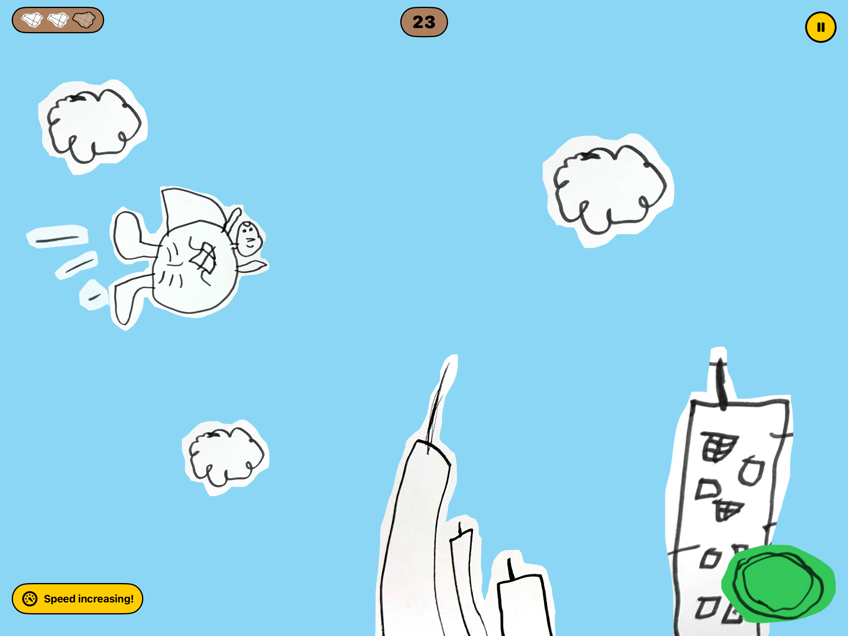 Max flying with clouds and three speed lines behind him towards two different buildings while the Speed increasing warning appears, with a score of 23 and two lives remaining.