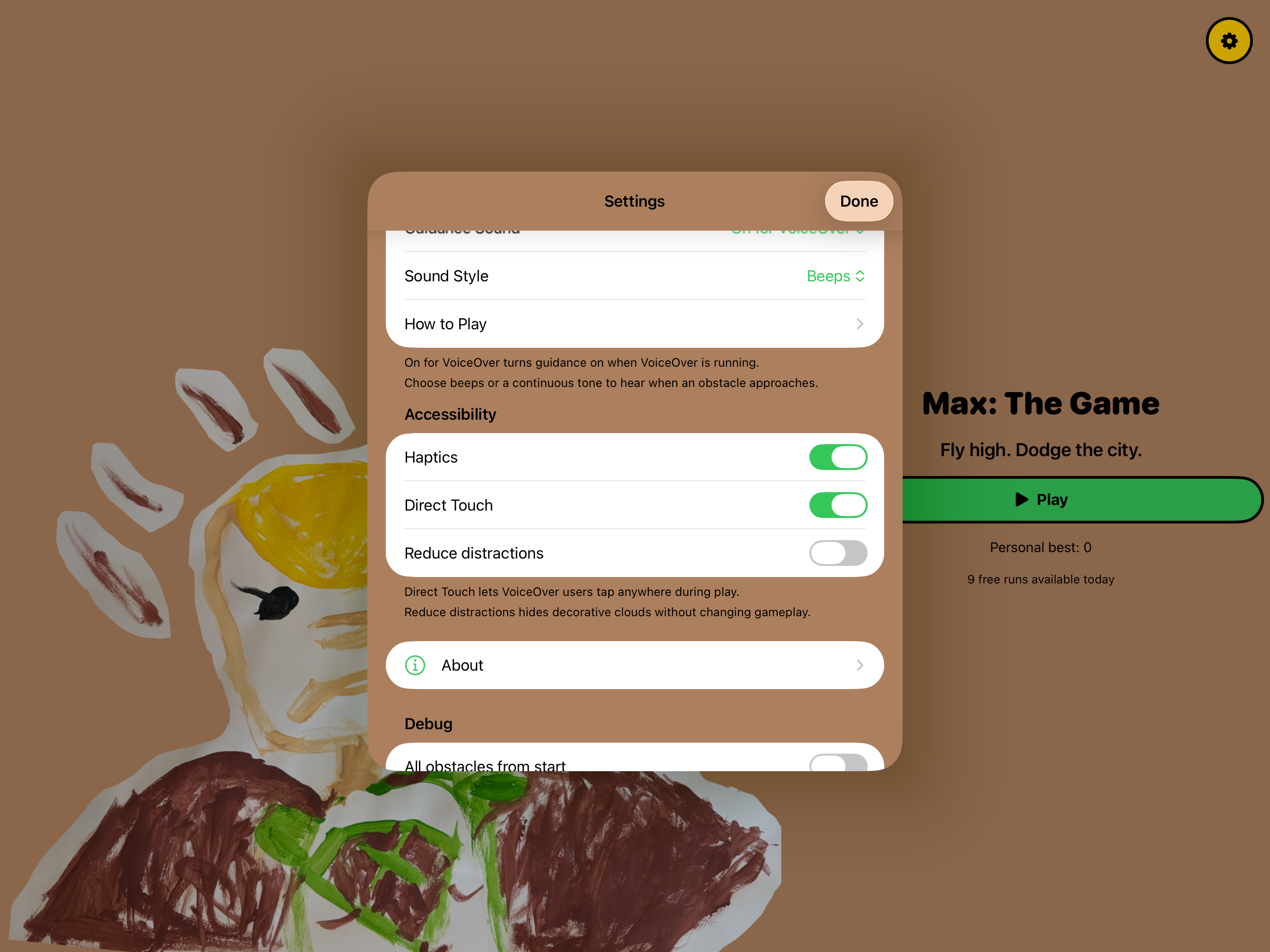 Max! Settings on iPad showing VoiceOver guidance text, the Beeps sound style, Haptics, Direct Touch, and Reduce distractions.
