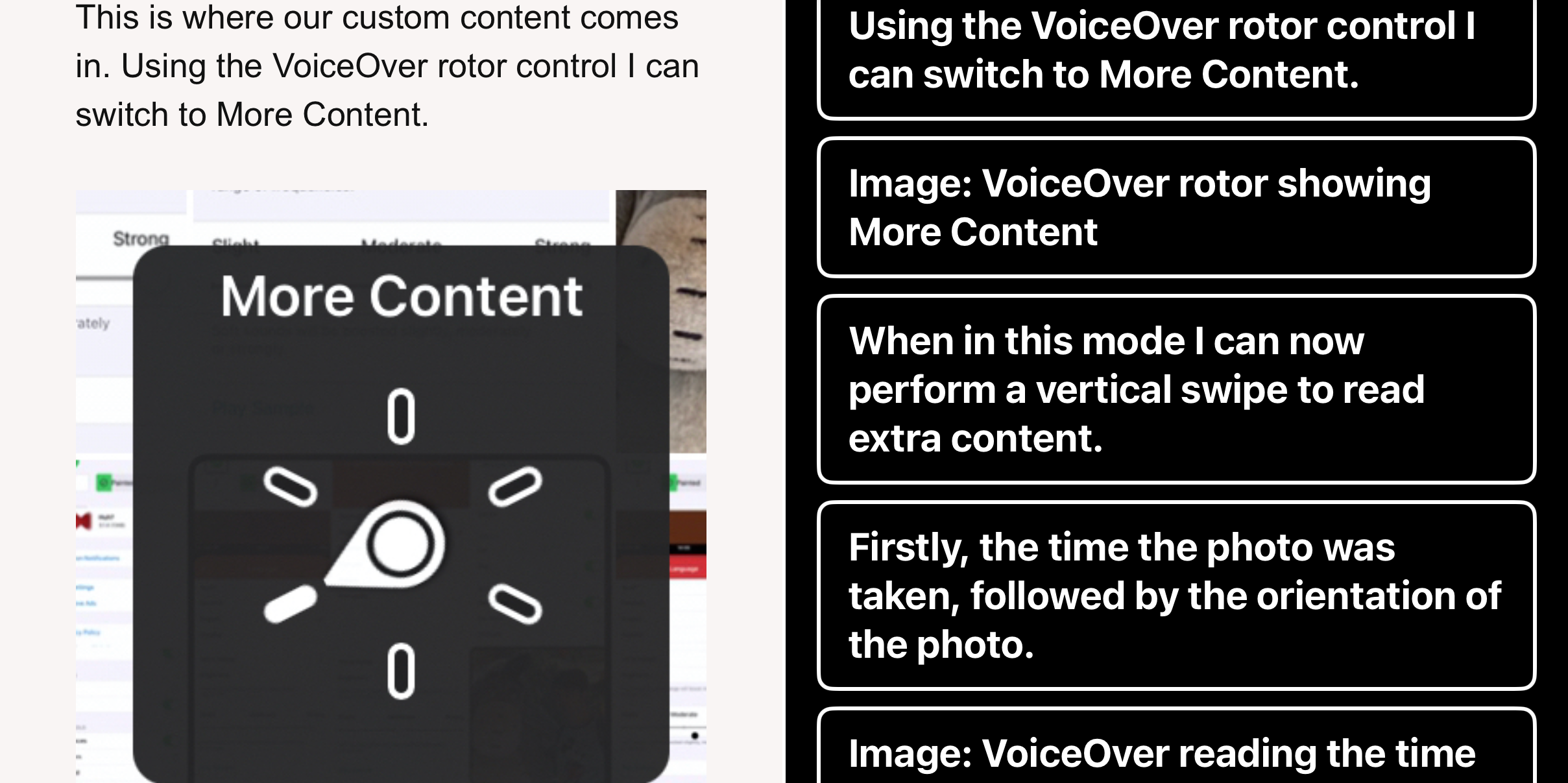 Side-by-side screenshot comparison. On the left, Safari displays a blog post containing an image of the VoiceOver rotor set to “More Content.” On the right, the same article is shown in Xarra, where the image’s alt text has been extracted and inserted inline into the text, making the image description readable and listenable as part of the article.