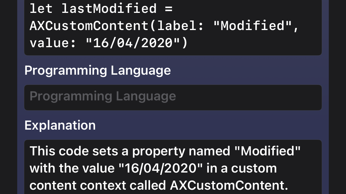 Screenshot of Xarra showing an Apple Intelligence feature that transforms a block of code from a technical article into a clear, audio-friendly explanation, making technical content listenable.