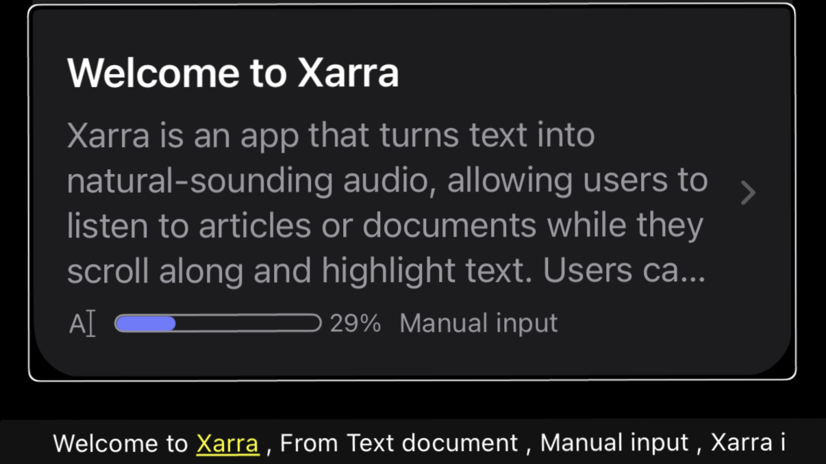 Screenshot of Xarra’s home screen with VoiceOver enabled. The VoiceOver cursor is focused on an Audio Document row titled “Welcome to Xarra,” highlighting the entire row. At the bottom of the screen, the Captions Panel displays VoiceOver’s spoken output for the focused element, showing the document title, source, and progress information.