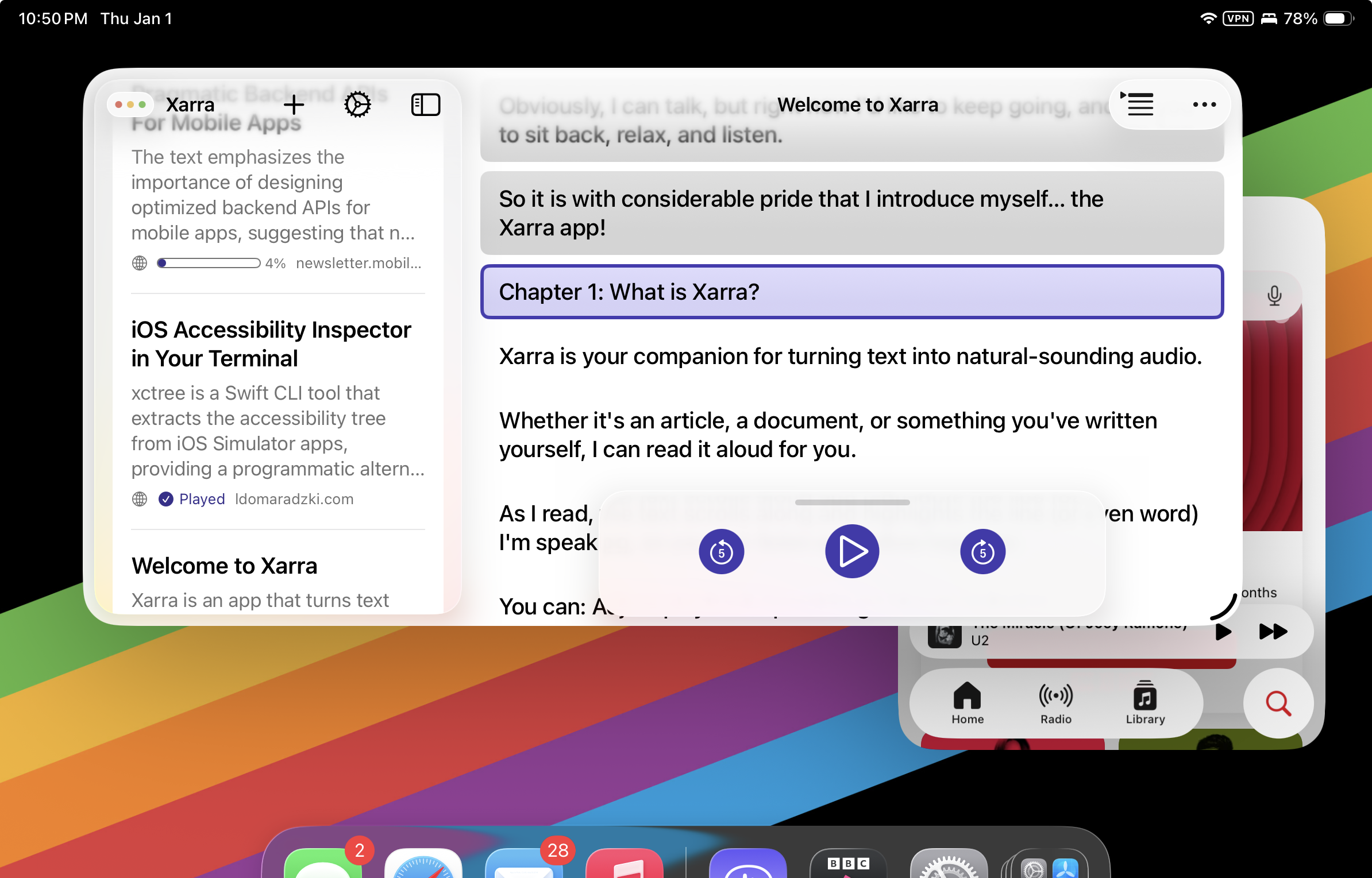 Screenshot of Xarra running on iPad in a multi-window setup. The app is open in a resizable window alongside other apps, showing a sidebar list of audio documents on the left and a transcript view on the right. A floating playback control panel with play and skip buttons sits above the content. The interface adapts naturally to the larger screen, demonstrating support for modern iPadOS windowing with Apple’s Liquid Glass visual style.