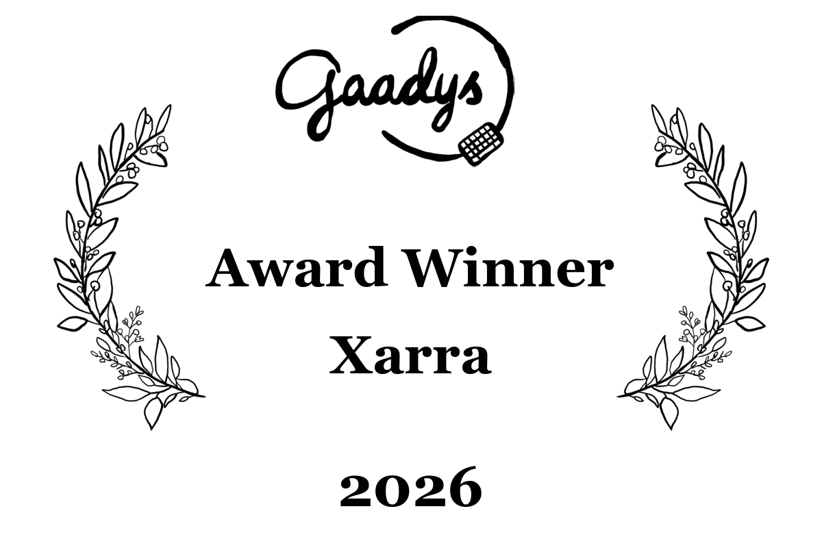 Hand-drawn Gaadys logo above 'Award Winner' and 'Xarra', framed by laurels, with 2026 below.