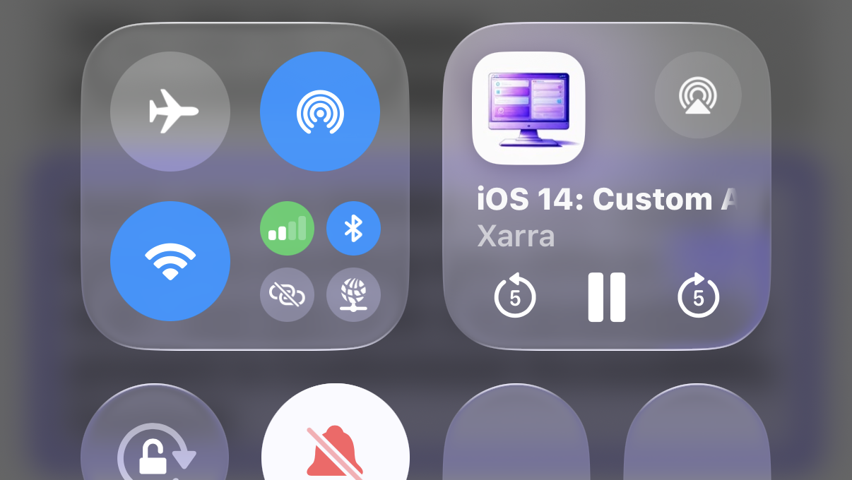 Screenshot of the iOS Control Center showing Xarra integrated with system media controls. The Now Playing tile displays artwork for an audio document titled “iOS 14: Custom Accessibility Content,” along with a pause button and skip backward and skip forward controls that move five lines at a time, indicating playback can be resumed and controlled from the Lock Screen and Control Center.