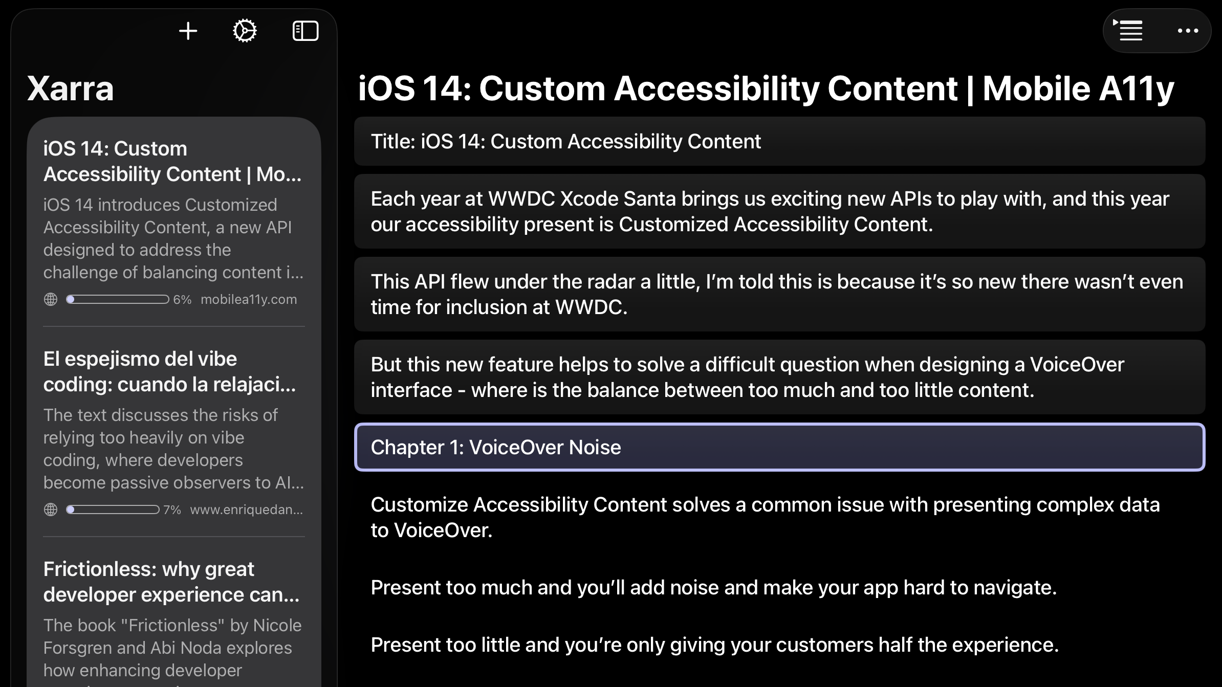 Screenshot of the iPad version of Xarra showing a list of Audio Documents synced via iCloud. Each document displays a progress bar and a percentage indicating how much has been listened to. One document is open on the right, where the transcript highlights the last line that was played previously, showing that listening progress is preserved across devices.