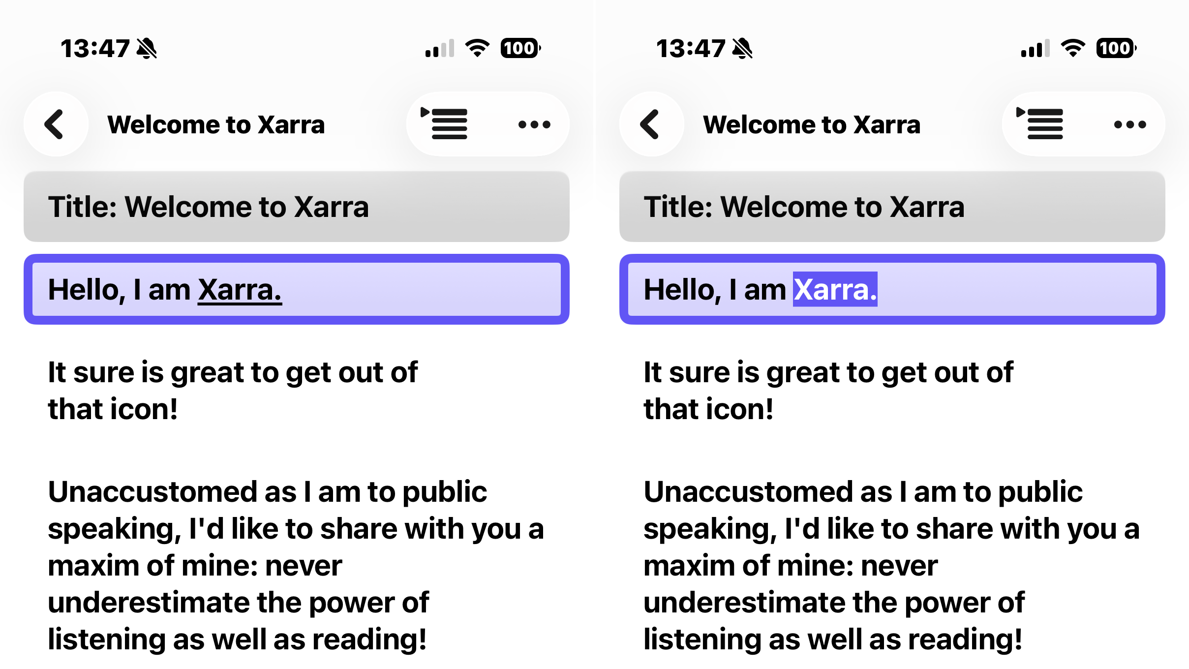 Side-by-side screenshots of the Xarra app while reading an onboarding document. In both images, the current line “Hello, I am Xarra.” is highlighted as the active line. In the left screenshot, the word “Xarra” is additionally emphasized with an underline. In the right screenshot, the word “Xarra” is highlighted using a darker background, showing two different styles for word-level highlighting during playback.