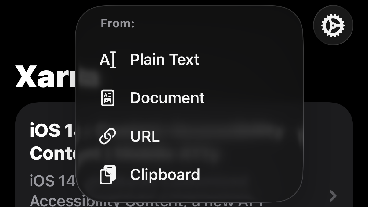 Screenshot of the Xarra app showing a context menu titled “From:” with options for adding content. The menu lists Plain Text, Document, URL, and Clipboard, each with an icon, indicating different ways to import text, links, or files into the app for listening.