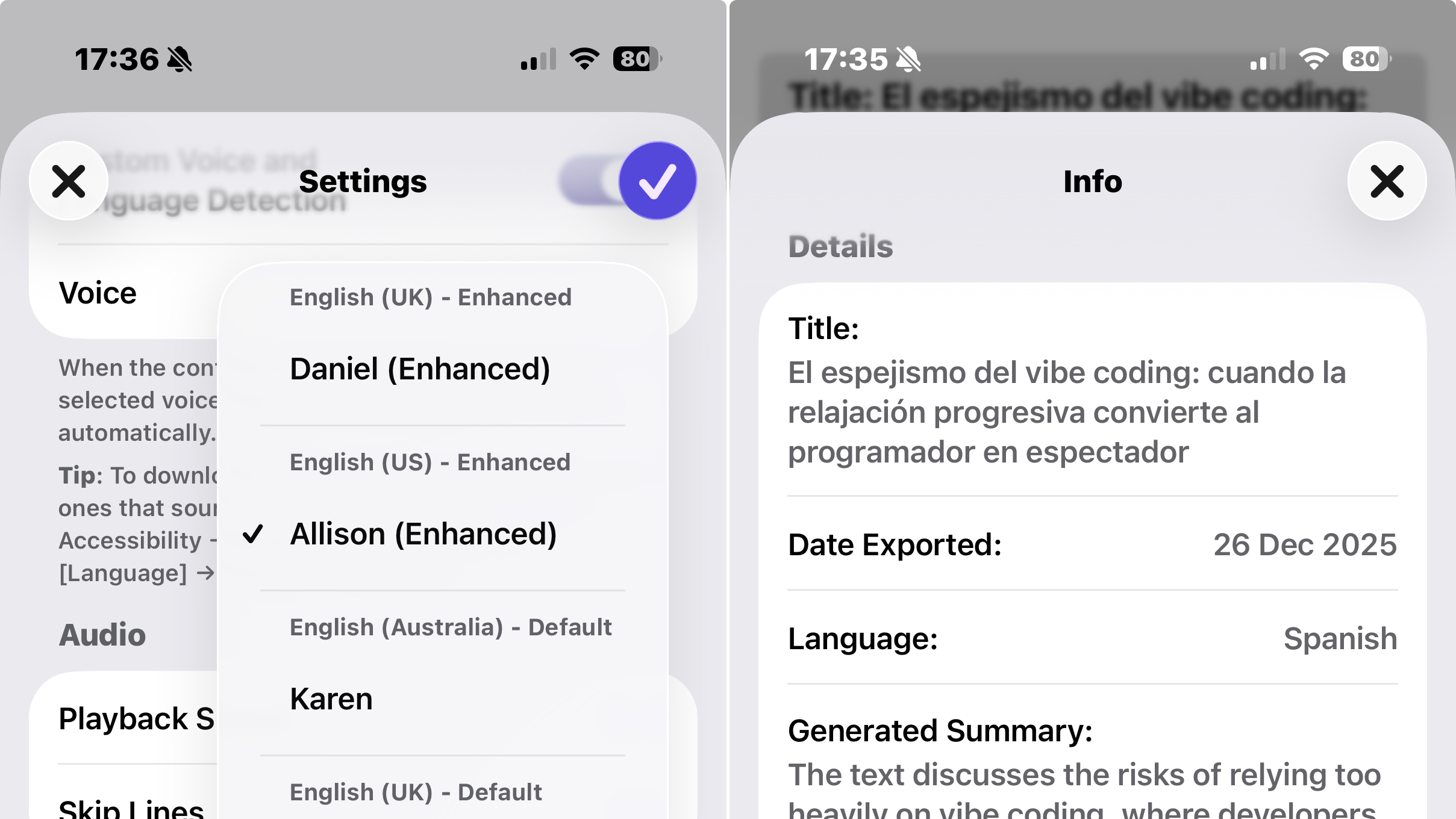 Split screenshot from Xarra. On the left, the Settings screen shows a voice selector with multiple system voices, including enhanced English voices, with one selected. On the right, an Info screen for an Audio Document displays metadata such as the title, export date, detected language set to Spanish, and an automatically generated summary, illustrating voice selection and language detection.