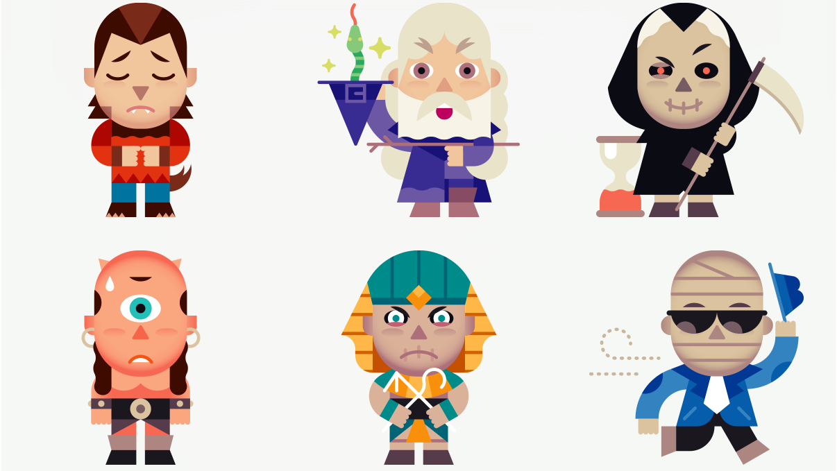 A grid of six expressive monster characters: a shy werewolf apologizing, a wizard holding a magical hat with a snake, a smiling Grim Reaper with a scythe and hourglass, a nervous one-eyed cyclops, an angry pharaoh mummy crossing his arms, and the Invisible Man waving goodbye with his hat.