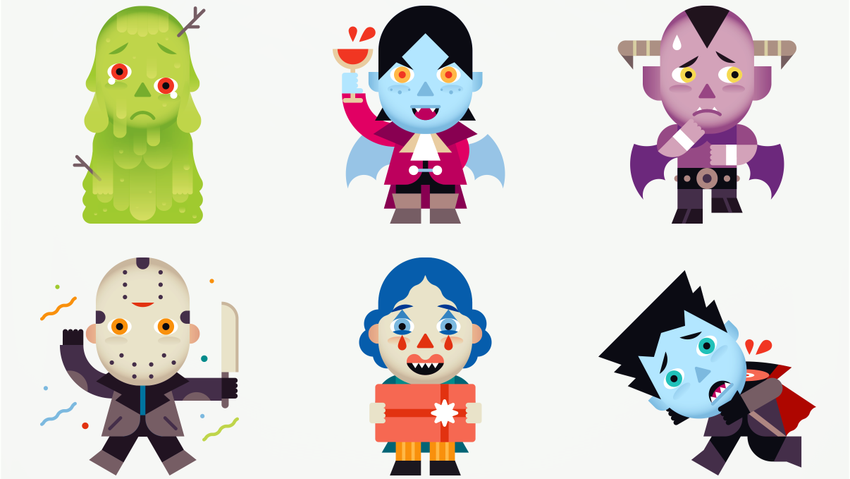 Six colorful Halloween monster characters shown in a grid: a sad green blob, a cheerful vampire raising a toast, a worried purple demon, a masked slasher waving a knife, a smiling clown holding a present, and a panicked vampire whose head is slipping down.